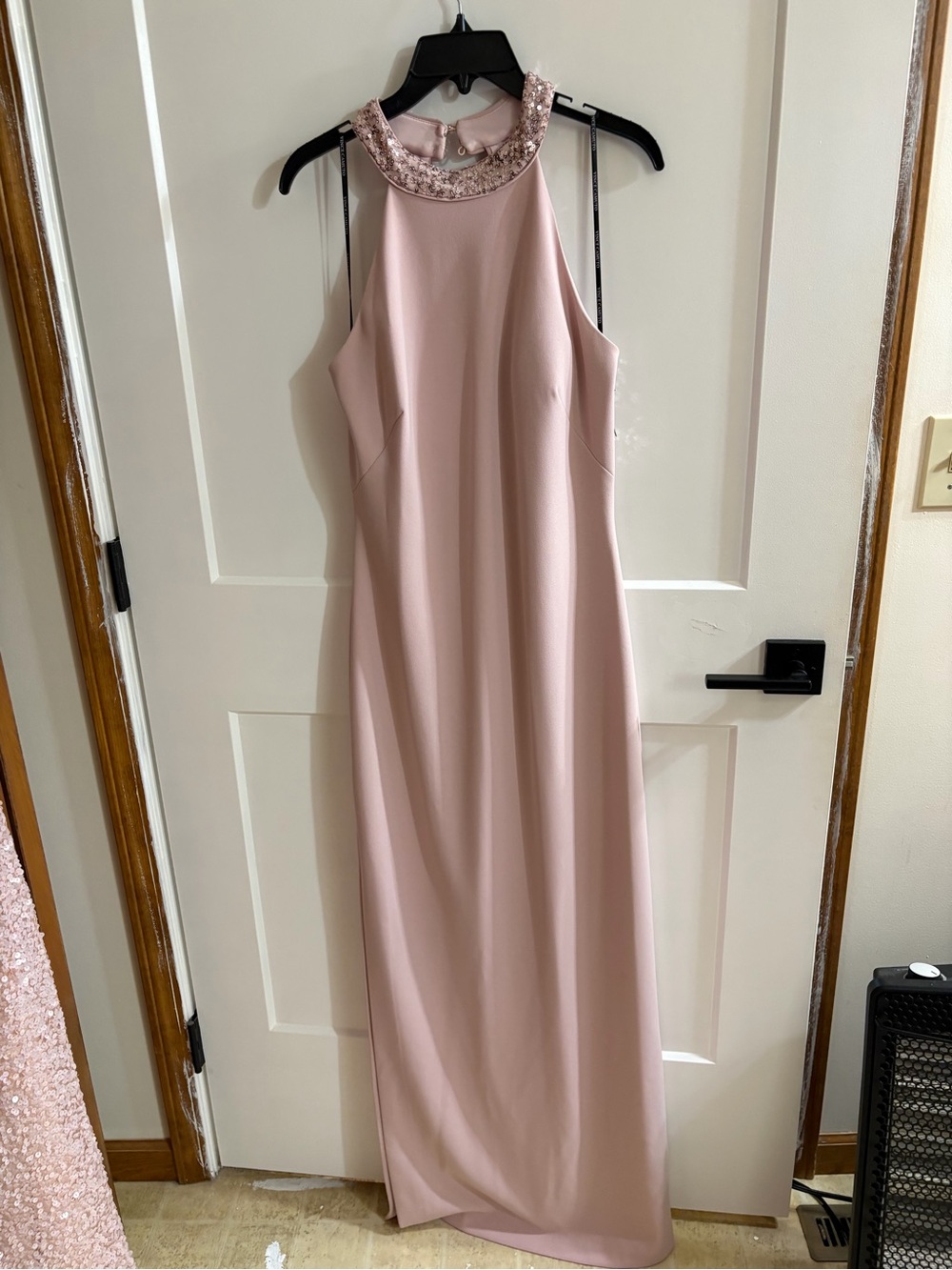 Vince Camuto Blush Pink Halter Maxi Dress with Embellished Neckline